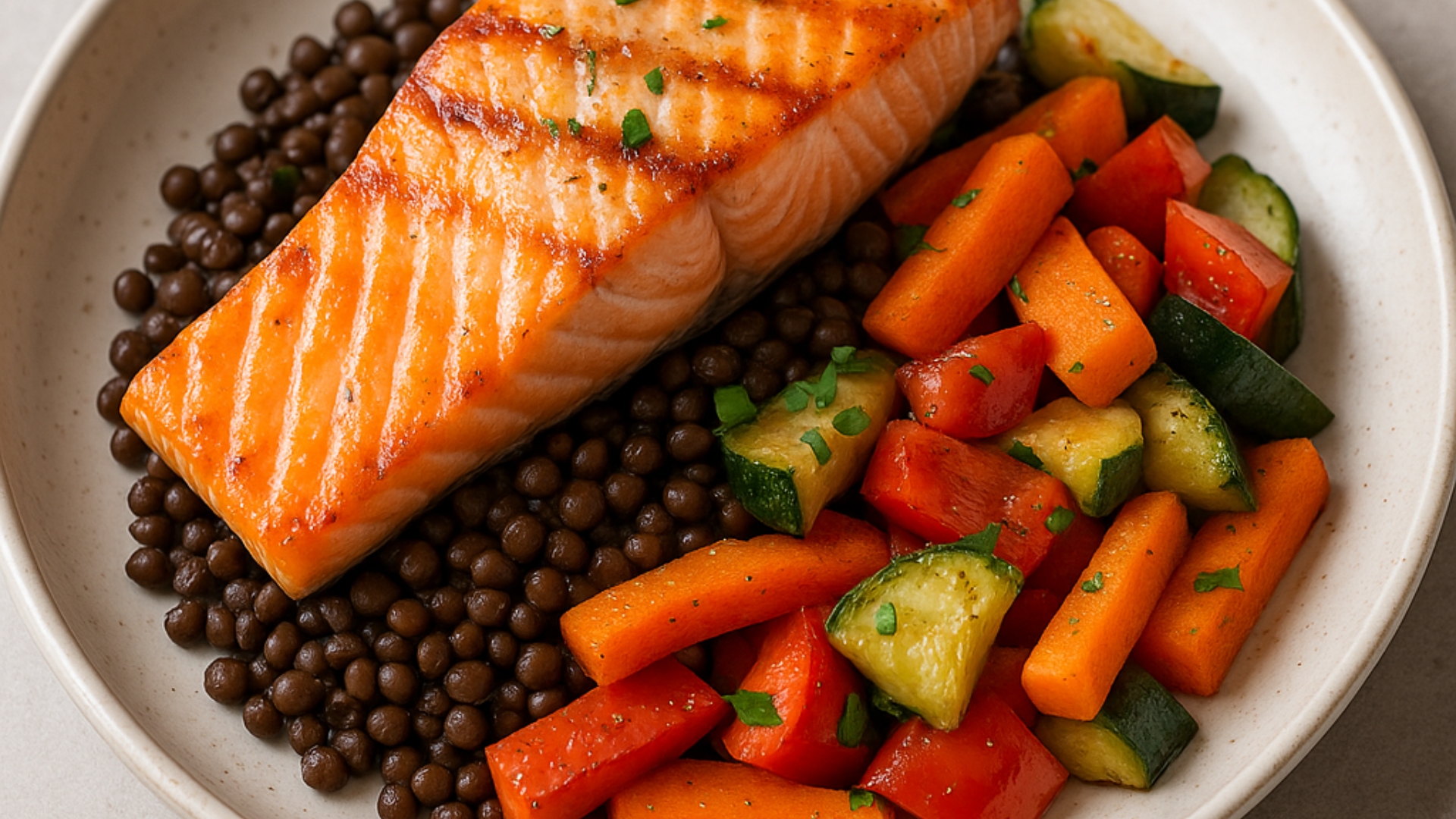zalm met linzen en geroosterde groenten